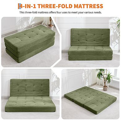 6" Tri-Fold Mattress Full Size, Tufted Folding Corduroy with Chenille Fabric, Floor Guest Mat