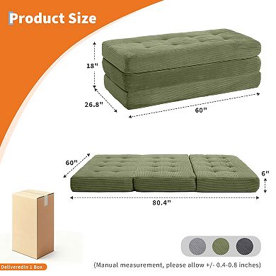 6" Tri-Fold Mattress Full Size, Tufted Folding Corduroy with Chenille Fabric, Floor Guest Mat