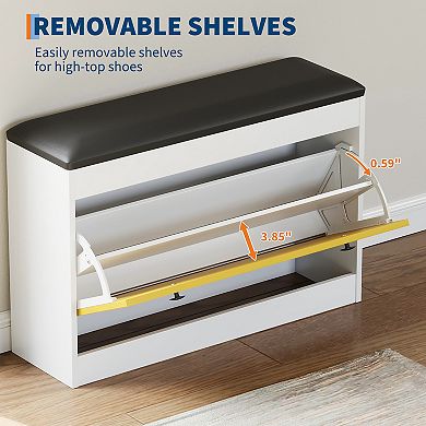 Wooden Shoe Storage Bench Organizer Cabinet with Padded Seating for Entryway
