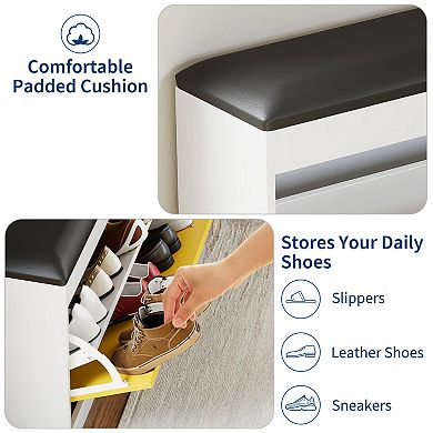 Wooden Shoe Storage Bench Organizer Cabinet with Padded Seating for Entryway