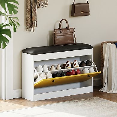Wooden Shoe Storage Bench Organizer Cabinet with Padded Seating for Entryway