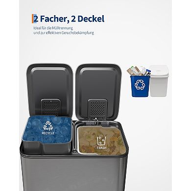 Dual Compartment Kitchen Trash Can, Stainless Steel Pedal Bin, Step Bin, Removable Buckets