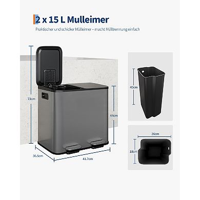 Dual Compartment Kitchen Trash Can, Stainless Steel Pedal Bin, Step Bin, Removable Buckets