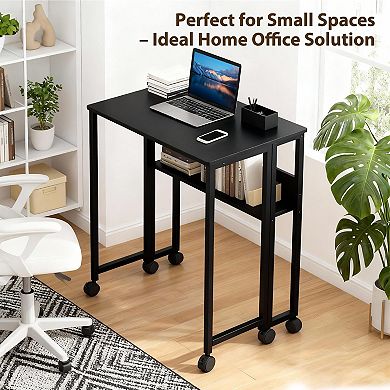 Portable Rolling Folding Computer Desk with Storage Shelf and Wheels