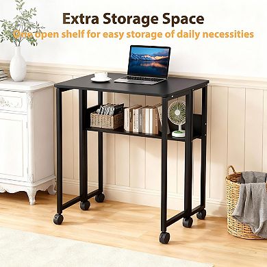 Portable Rolling Folding Computer Desk with Storage Shelf and Wheels