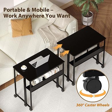 Portable Rolling Folding Computer Desk with Storage Shelf and Wheels
