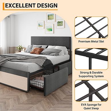 Upholstered Platform Bed Frame with Headboard and 2 Storage Drawers