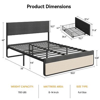 Upholstered Platform Bed Frame with Headboard and 2 Storage Drawers