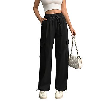 Womens High Waist Wide Leg Cargo Pants Drawstring Waist Pocket Trouser