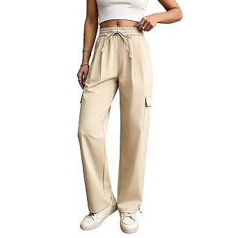Womens High Waist Wide Leg Cargo Pants Drawstring Waist Pocket Trouser