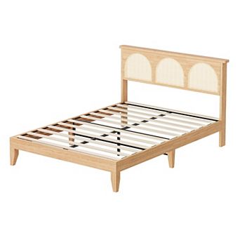 Wooden Rattan Platform Bed Frame with RGB LED Storage Headboard