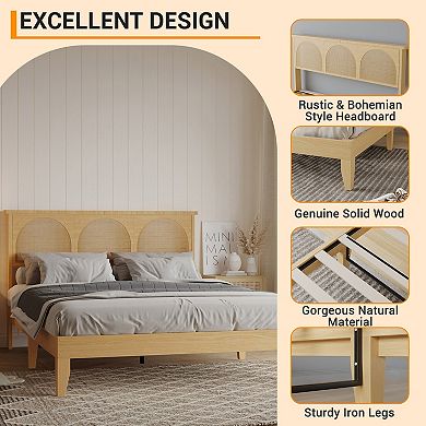 Wooden Rattan Platform Bed Frame with RGB LED Storage Headboard