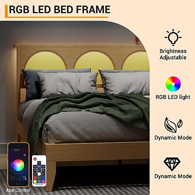 Wooden Rattan Platform Bed Frame with RGB LED Storage Headboard