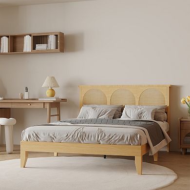 Wooden Rattan Platform Bed Frame with RGB LED Storage Headboard