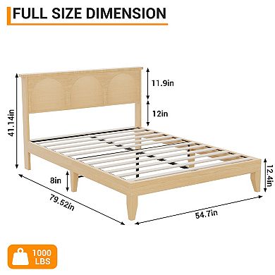 Wooden Rattan Platform Bed Frame with RGB LED Storage Headboard