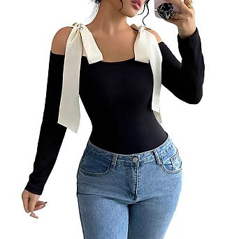 Womens Off The Shoulder Long Sleeve Blouse With Self Tie Shoulder Bow Ribbed Knit Tops