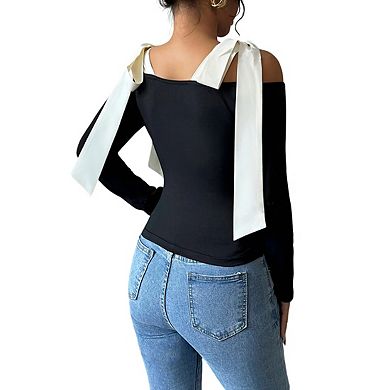 Womens Off The Shoulder Long Sleeve Blouse With Self Tie Shoulder Bow Ribbed Knit Tops