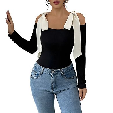 Womens Off The Shoulder Long Sleeve Blouse With Self Tie Shoulder Bow Ribbed Knit Tops