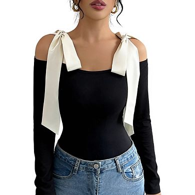 Womens Off The Shoulder Long Sleeve Blouse With Self Tie Shoulder Bow Ribbed Knit Tops