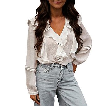 Womens Long Sleeve Top Scoop Back Ruffle Tiered Sleeve Blouse Shirts
