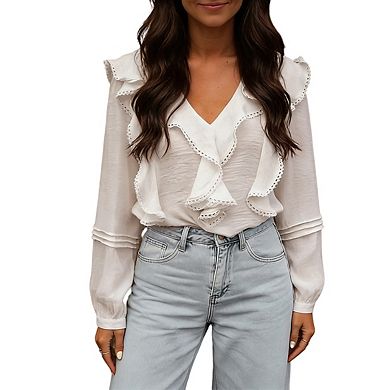 Womens Long Sleeve Top Scoop Back Ruffle Tiered Sleeve Blouse Shirts