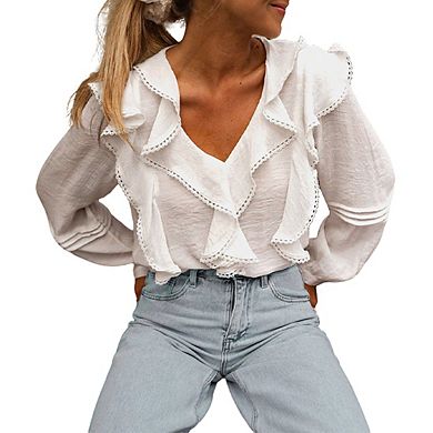 Womens Long Sleeve Top Scoop Back Ruffle Tiered Sleeve Blouse Shirts