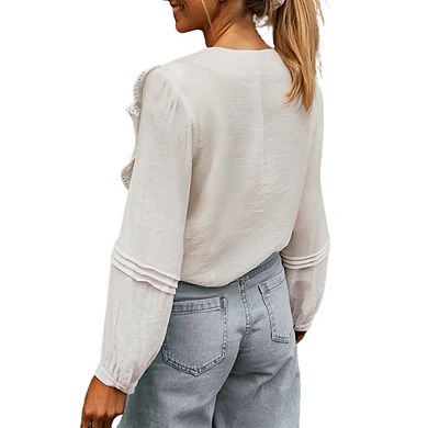 Womens Long Sleeve Top Scoop Back Ruffle Tiered Sleeve Blouse Shirts