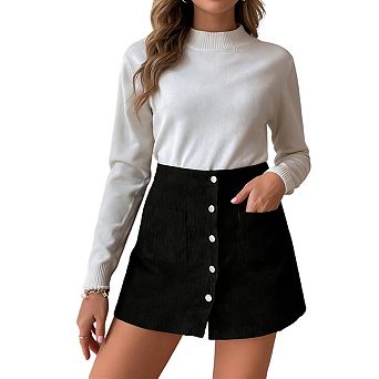 Womens Ribbed Corduroy A Line Mini Skirt Wide Waistband Front Button Casual Skirts