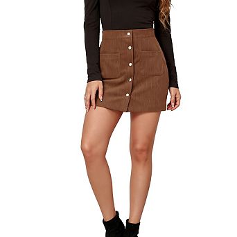 Womens Ribbed Corduroy A Line Mini Skirt Wide Waistband Front Button Casual Skirts