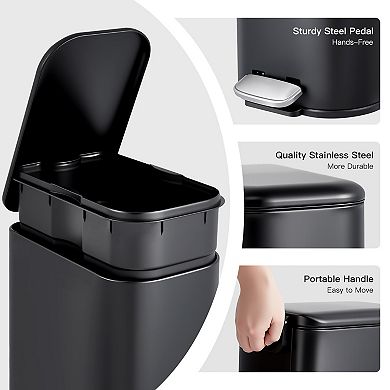 Compact Stainless Steel Trash Can, Removable Inner Bucket, Durable Pedal, Portable Handle