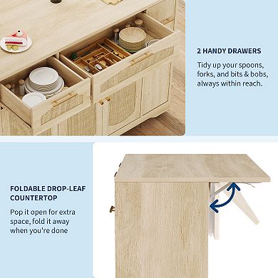Rolling Rattan Kitchen Island Cart with Drop Leaf & Trash Cabinet