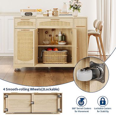 Rolling Rattan Kitchen Island Cart with Drop Leaf & Trash Cabinet