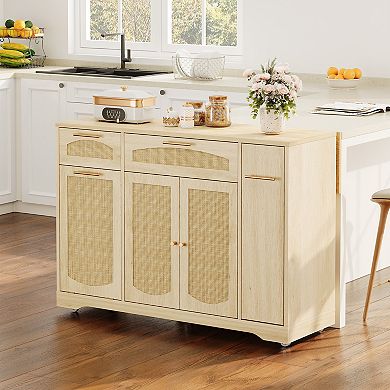 Rolling Rattan Kitchen Island Cart with Drop Leaf & Trash Cabinet
