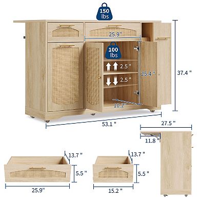 Rolling Rattan Kitchen Island Cart with Drop Leaf & Trash Cabinet