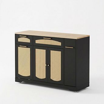 Rolling Rattan Kitchen Island Cart with Drop Leaf & Trash Cabinet