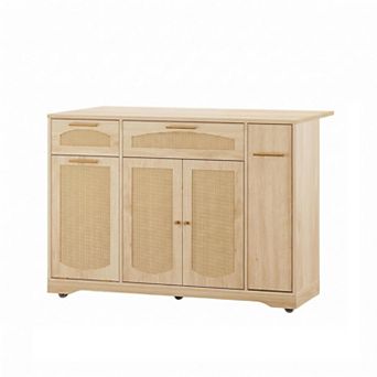 Rolling Rattan Kitchen Island Cart with Drop Leaf & Trash Cabinet