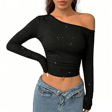 Womens One Shoulder Long Sleeve Ribbed Casual Slim Fit Crop Top