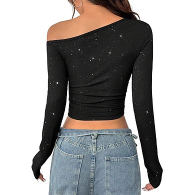 Womens One Shoulder Long Sleeve Ribbed Casual Slim Fit Crop Top