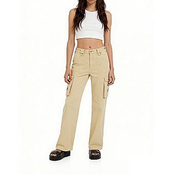 Womens Straight Leg Cargo Trousers Mid Rise Waist Pocket Casual Long Pants