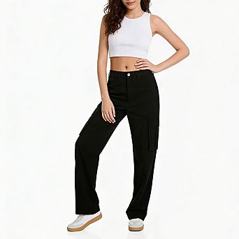 Womens Straight Leg Cargo Trousers Mid Rise Waist Pocket Casual Long Pants