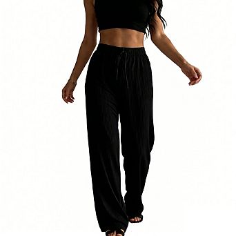 Womens Elastic Waist Ribbed Knit Wide Leg Lounge Pants with Drawstring Detail Relaxed Fit Trouser