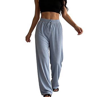 Womens Elastic Waist Ribbed Knit Wide Leg Lounge Pants with Drawstring Detail Relaxed Fit Trouser