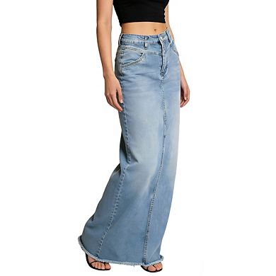 Womens High Waist Frayed Hem Button Casual Denim Maxi Skirt