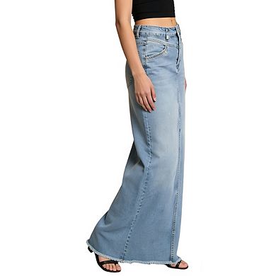 Womens High Waist Frayed Hem Button Casual Denim Maxi Skirt