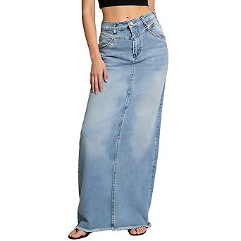 Womens High Waist Frayed Hem Button Casual Denim Maxi Skirt