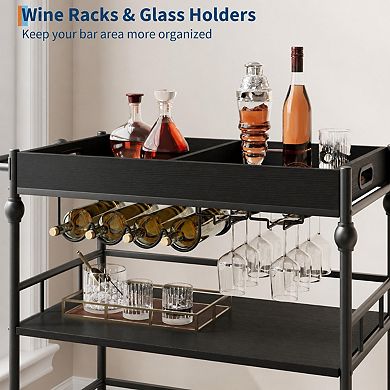 Bar Cart with Wheels Three Tier Serving Cart with Wine Rack and Tray