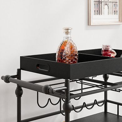 Bar Cart with Wheels Three Tier Serving Cart with Wine Rack and Tray