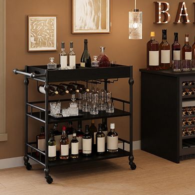 Bar Cart with Wheels Three Tier Serving Cart with Wine Rack and Tray
