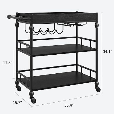 Bar Cart with Wheels Three Tier Serving Cart with Wine Rack and Tray