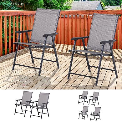 Set of 2 Stackable Sling Dining Chairs with Armrests and Steel Frame for Lawn